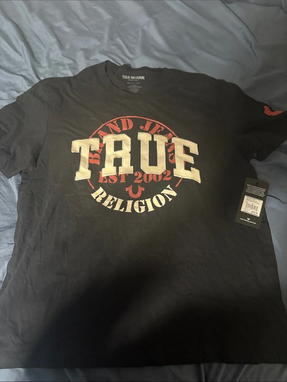 True Religion Black Tee with Red and Cream Logo